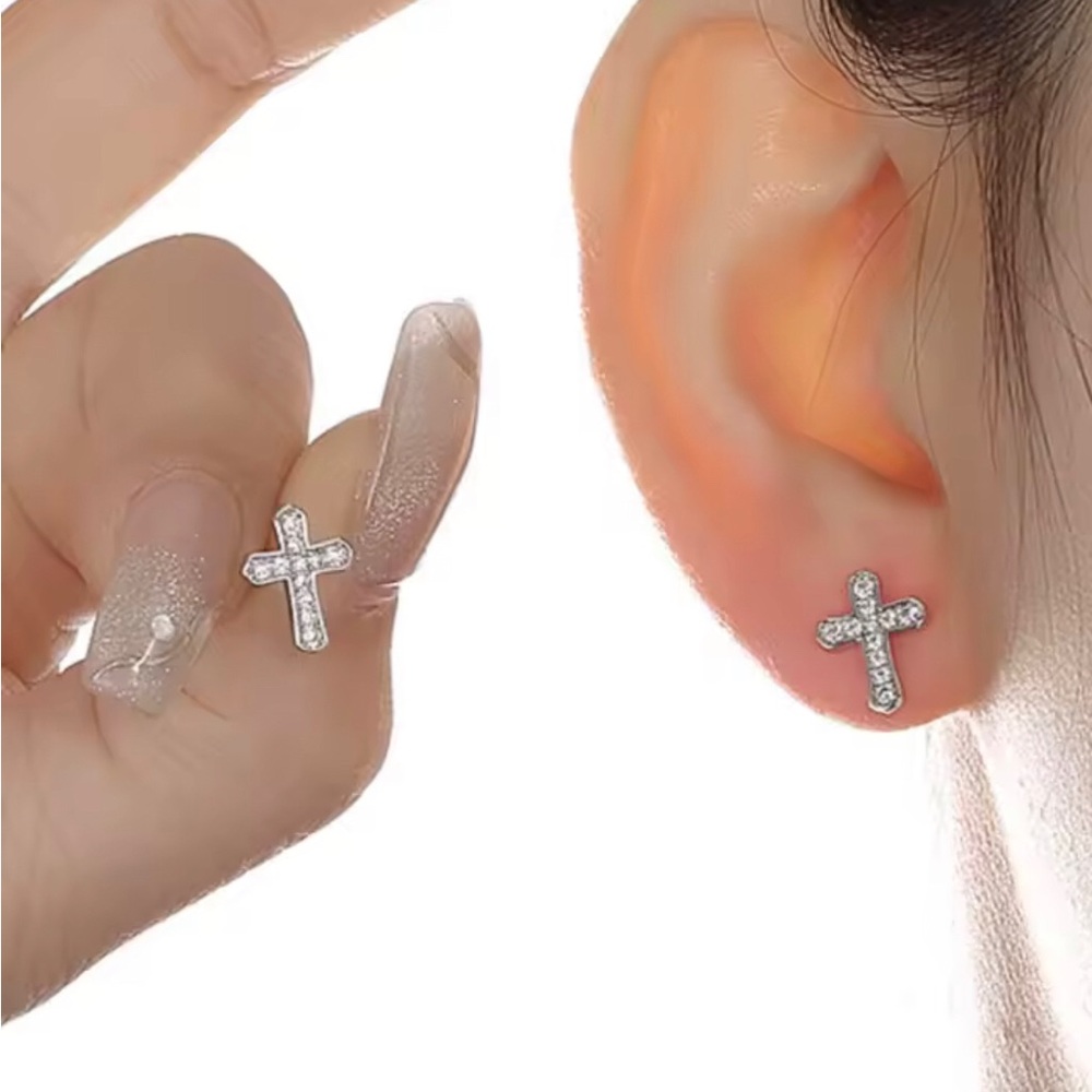 Silver Cross Stud Earrings with Clear Crystals